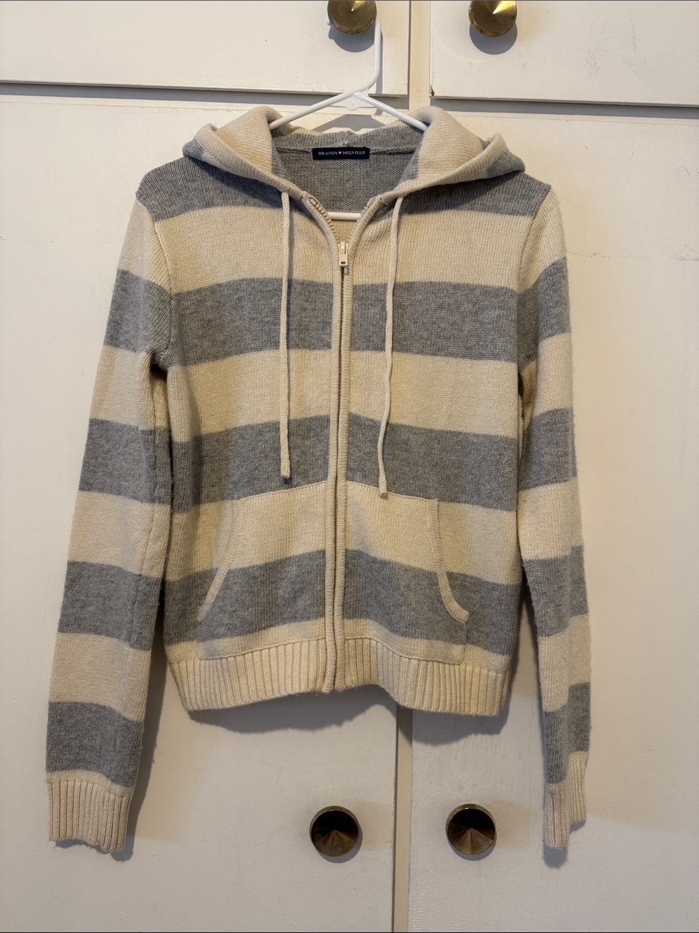 Brandy Melville Striped Hooded Zip Sweater - Cream & Gray